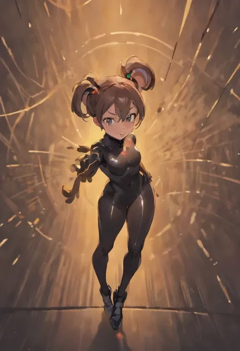 a lithe and agile young woman,  with light-brown eyes and standing at a height of 56". Her physique boasts a lean and athletic build. Black hair, typically kept in a tidy bun. Two antenna-like protrusions on her head. Shes wearing a black skintight spandex...