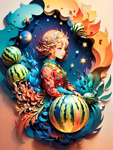 ((((Masterpiece))), Best Quality, Illustration, Earth, Universe, Water, Fire, Wind, Space, paper_cut, with watermelon slices color theme