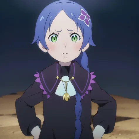 Melly Portroot,1girl,solo,long hair,blue hair,braid,single braid,hair over shoulder,green eyes, anime screencap, black dress, hands on hips, annoyed, looking down, looking at viewer