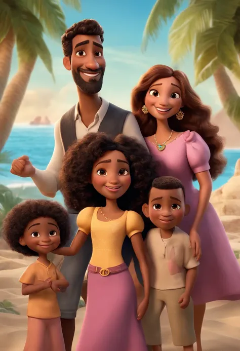 a Disney Pixar movie poster showing a light brown skinned family. The father is the tallest, He has a short beard only on his chin, cabelos curtos e espinhosos preto. The mother has black eyes and hair, shoulder-length and is slightly overweight. A menina ...