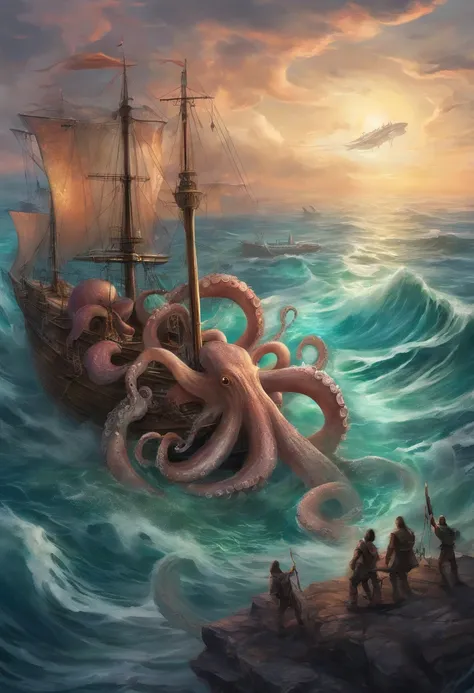 Octopus attacking a ship in the ocean with a boat in the background, A cover of Lovecrafts album, Shutterstock, surrealismo, Calamar Cthulhu, tentacled creature mix, cthulhu rising from the ocean, foto: Cthulhu, leviathan cthulhu squid, CTHULU, Criatura ma...