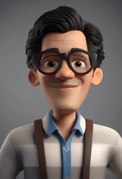 Cartoon character of a young man with black glasses and a blue shirt, carinhoso, trabalha com obras, tratores, machines, asfalto, animation character, Caractere estilizado, animation style rendering, 3D estilizado, Arnold Maya render, 3 d render stylized, ...