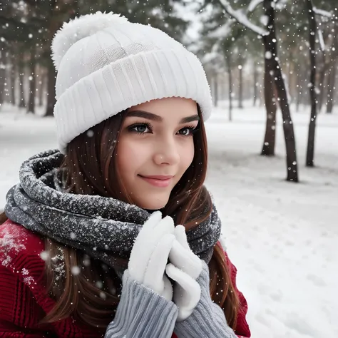 (((Detailed skin))), (((visible skin hair))), A portrait of a woman in winter outside, snow flakes, snow, winter, holiday, Christmas, beautiful, masterpiece