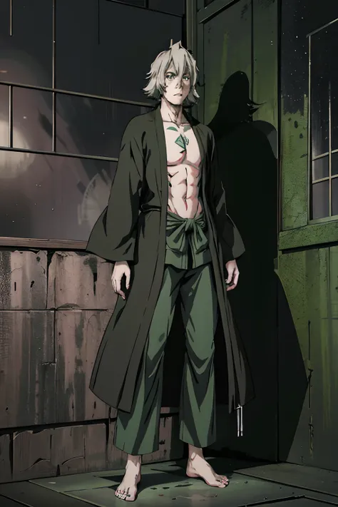 Urahara Kisuke, Kisuke, Urahara, Kisuke Urahara, long grey hair, glowing green eyes, Key shaped tattoo on chest, open shirt, long dark green robe, robe around legs, stubble, exhausted looking, shadows and bags under eyes, standing in a desolate city, hyper...