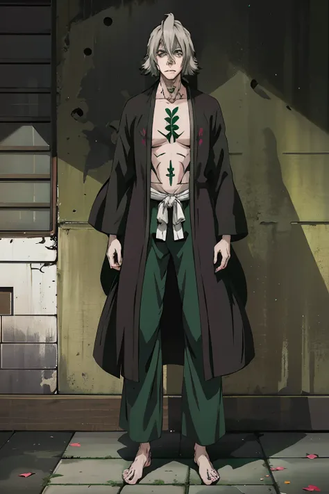 Urahara Kisuke, Kisuke, Urahara, Kisuke Urahara, long grey hair, glowing green eyes, Key shaped tattoo on chest, open shirt, long dark green robe, robe around legs, stubble, exhausted looking, shadows and bags under eyes, standing in a desolate city, hyper...