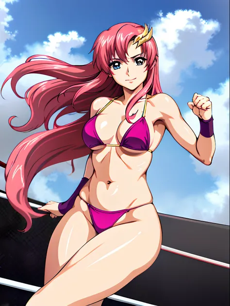 (masterpiece, far view, 4K, Best Quality, Anime style: 1.9,, Adult Woman, ultra detailed face, (cloud background, wrestling), Drawing lines, high resolution, Anime, lacus4), 1girl, Solo, curvy figure, Long hair, 鎖骨, scapular, (Detailed wide hair bangs, Hai...