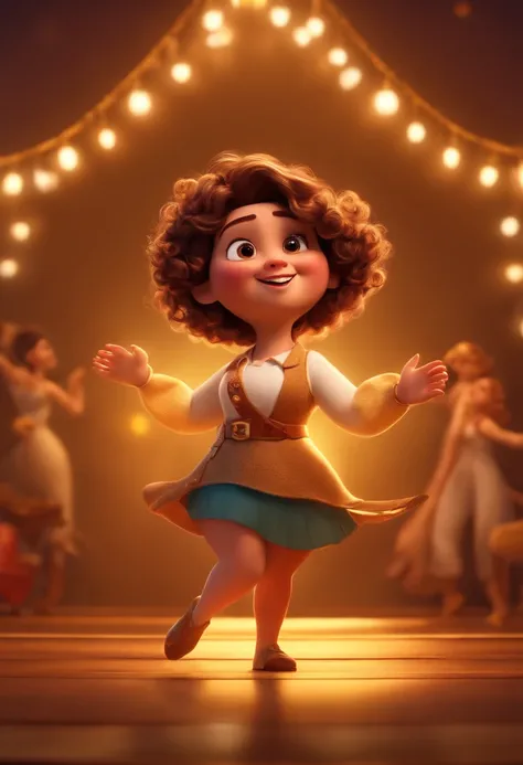 Pixar style image with 3D character brunette woman plus size short curly hair with golden highlights dancing, Maquiagem Disney,Pescador, bonitinho, sorridente ,Close-up, Pixar, Disney, Cinema lighting,