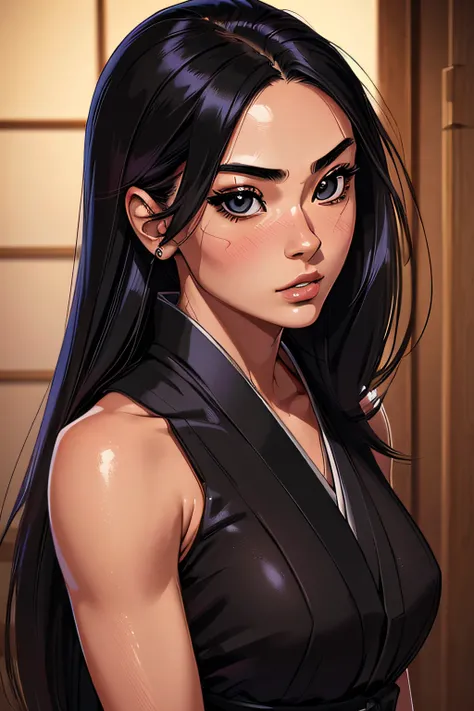 (high quality,ultra-detailed:1.2),photorealistic,ninja girl,Japanese,15 years old,beautiful detailed eyes,beautiful detailed lips,long black hair,super agility,expert in using kunais