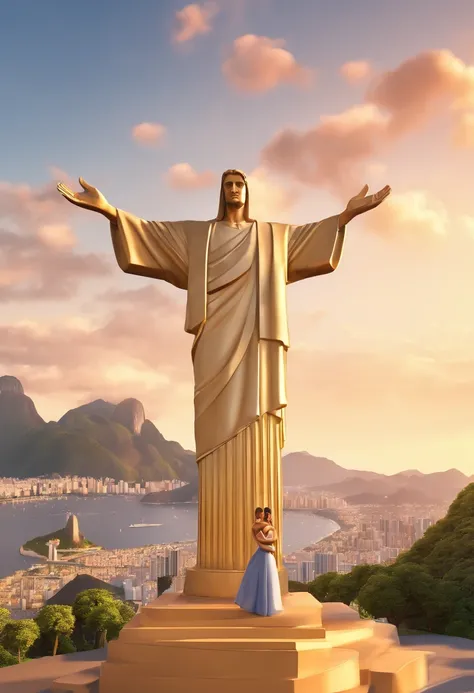 An illustration of an adorable couple in Rio de Janeiro in front of Christ the Redeemer.