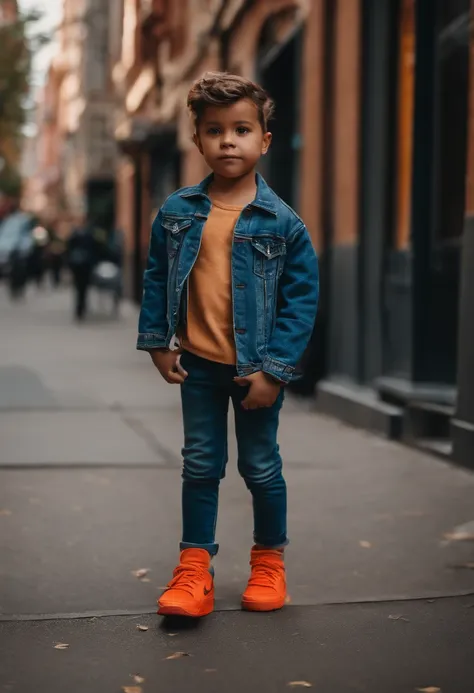 A photo of small boy wearing a Jean jacket, Nike shoes, in a city, facing the camera