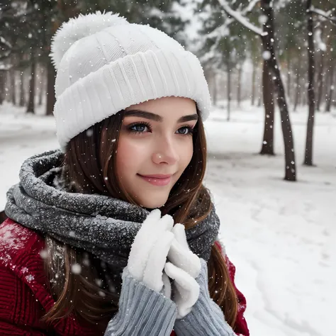 (((Detailed skin))), (((visible skin hair))), A portrait of a woman in winter outside, snow flakes, snow, winter, holiday, Christmas, beautiful, masterpiece