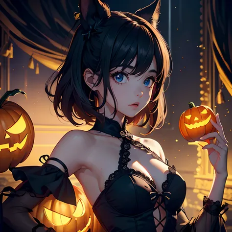 master part, best quality, (Muito detalhado CG unidade 8k papel de parede) (best quality), (best illustration), (Melhores Sombras) menina com cabelo castanho, dia das bruxas, Halloween Vibe, fofo, fantasia, super detalhado --v6