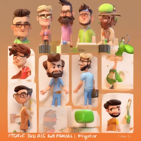 Criar um personagem no estilo Pixar. Trata-se de um homem de 30 anos, com barba, Branco, com cabelos castanhos curtos e um quiff, e olhos castanhos. Ele deve estar na frente de um computador, Trabalhar como designer