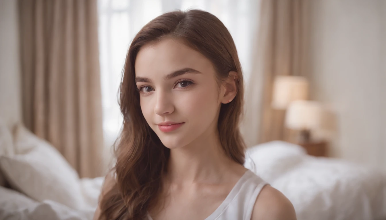 18-year-old woman,looking a viewer, slight smile, Cheerleader Uniform, Bedroom in the house, taking selfies