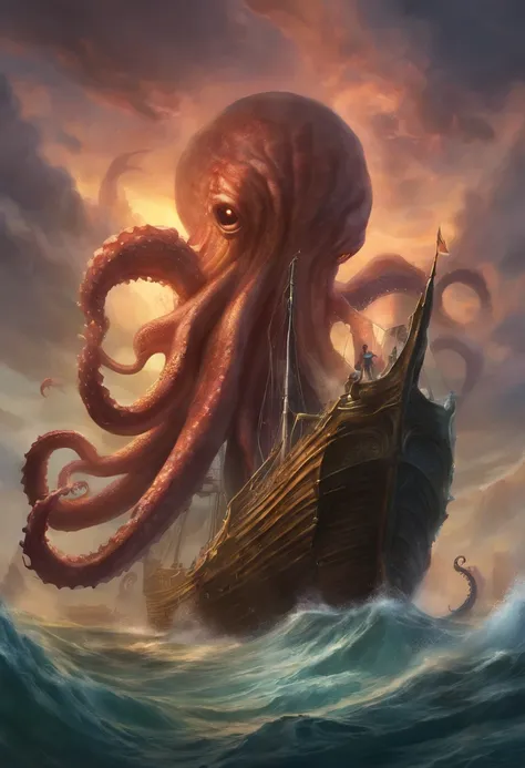 Octopus attacking a ship in the ocean with a boat in the background, A cover of Lovecrafts album, Shutterstock, surrealismo, Calamar Cthulhu, tentacled creature mix, cthulhu rising from the ocean, Foto de Cthulhu, leviathan cthulhu squid, CTHULU, Criatura ...