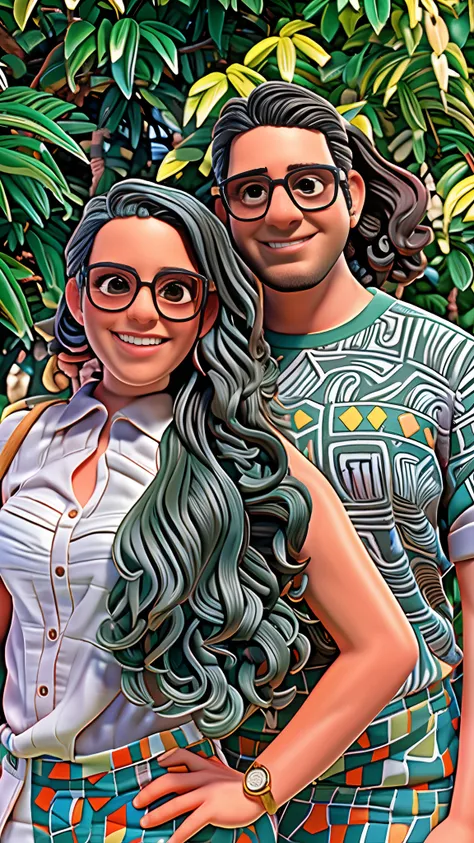 there is a man and woman standing next to each other, vacation photo, imagem de perfil, wavy long black hair and glasses, foto do perfil, palmeiras no fundo.