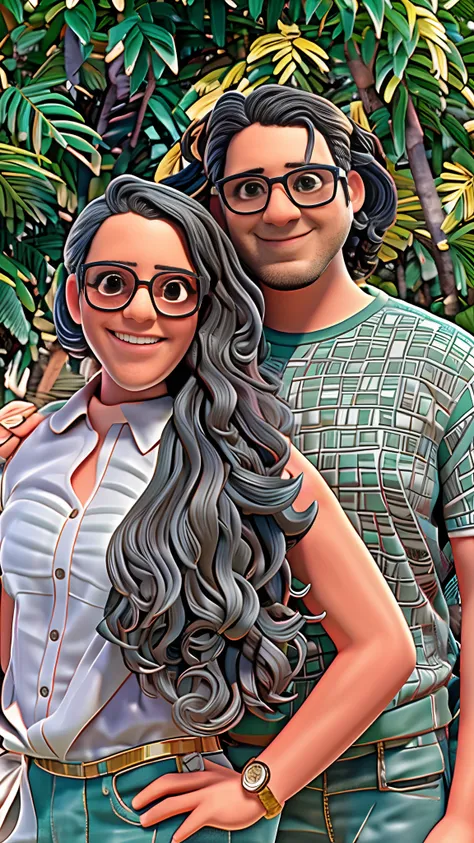 there is a man and woman standing next to each other, vacation photo, imagem de perfil, wavy long black hair and glasses, foto do perfil, palmeiras no fundo.