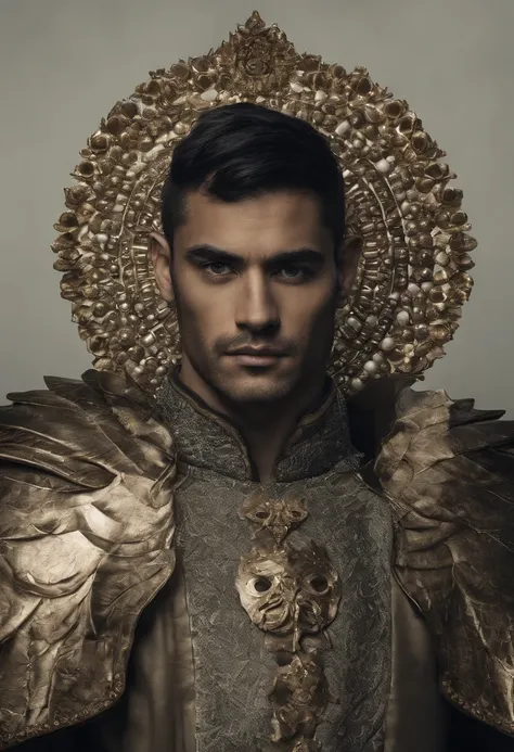 Um homem de cabelos escuros e cacheados,24 anos,wearing a kings crown and a black tunic,e rocha, Holding a holy sting .