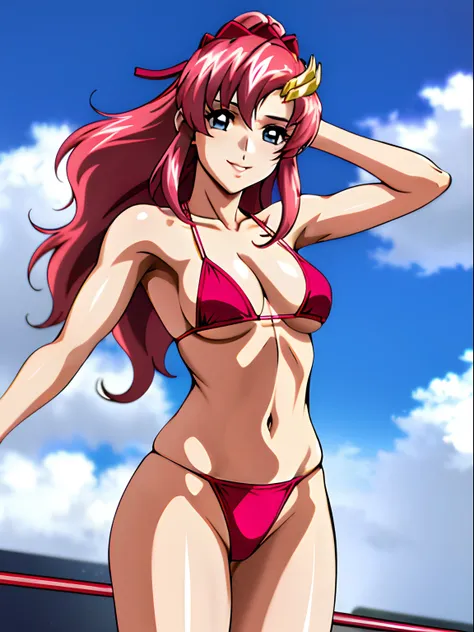 (masterpiece, far view, 4K, Best Quality, Anime style: 1.9,, Adult Woman, ultra detailed face, (cloud background, wrestling), Drawing lines, high resolution, Anime, lacus4), 1girl, Solo, curvy figure, Long hair, 鎖骨, scapular, (Detailed wide hair bangs, Hai...