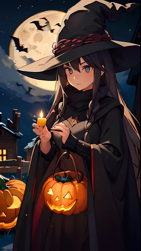 A girl in long black sweater, in Witch Hat for Halloween , Holding pumpkin with lit candle inside in both hands, Busy pumpkin patch and moonlight scene in the background of it