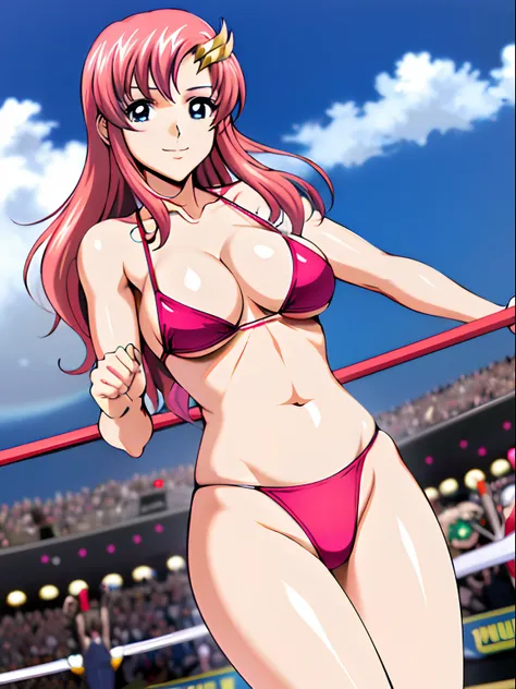 (masterpiece, far view, 4K, Best Quality, Anime style: 1.9,, Adult Woman, ultra detailed face, (cloud background, wrestling), Drawing lines, high resolution, Anime, lacus4), 1girl, Solo, curvy figure, Long hair, 鎖骨, scapular, (Detailed wide hair bangs, Hai...