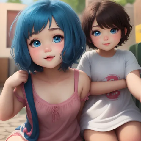 Cute cartoon Chubby girl with short hair and blue eyes