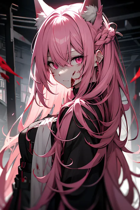 corpse、Blood is everywhere、blood splash、Dark hue、red tint、pink long hair,fox pink ears,pink eyes