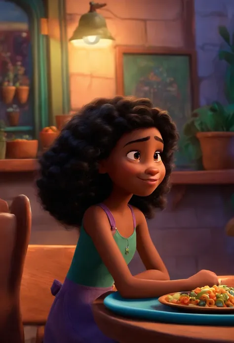 Um filme inspirado na Disney Pixar (MENINA NEGRA JOVEM COM CABELO LONGO CACHEADO PRETO) dentro A cena estar na arte distinta do estilo PIXAR, descolada e estilosa