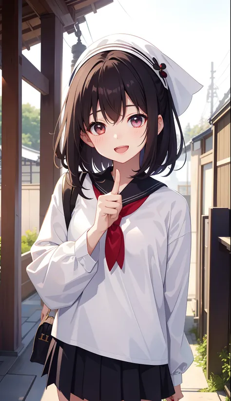 1girl in、AS-Adult、A smile、open open mouth、Close one eye、Wink at me、、be shy、The shirt、skirt by the、cream colored Hair、（small tits）Japan High School、校服、serafuku、Walking with a thigh、Upper body portrait、