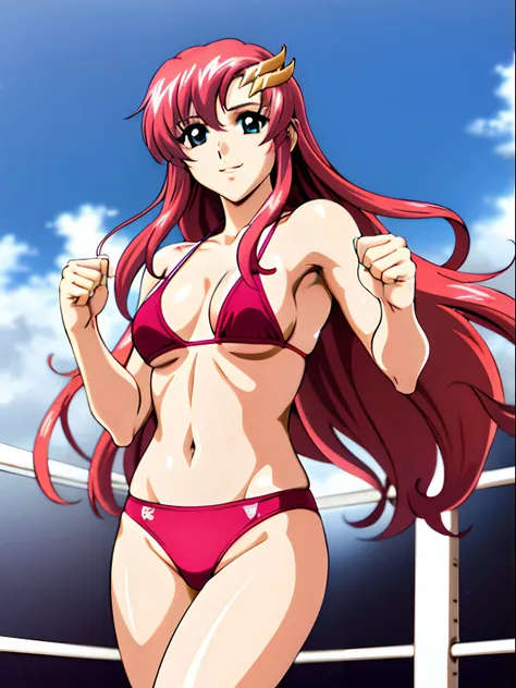 (masterpiece, far view, 4K, Best Quality, Anime style: 1.9,, Adult Woman, ultra detailed face, (cloud background, wrestling), Drawing lines, high resolution, Anime, lacus4), 1girl, Solo, curvy figure, very Long hair, 鎖骨, scapular, (Detailed wide hair bangs...