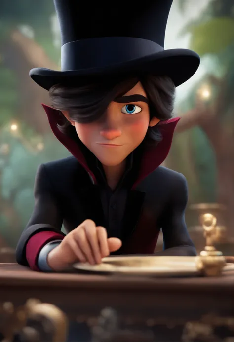 Um filme inspirado na Disney Pixar (MENINO NEGRO JOVEM COM CABELO LONGO CACHEADO PRETO) dentro A cena estar na arte distinta do estilo PIXAR, cool and stylish WITH BURGUNDY MAGICIAN OUTFIT AND BLACK TOP HAT