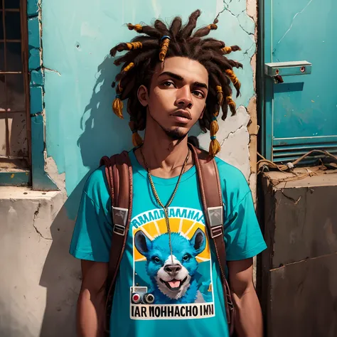 cria um HOMEM negro brasileiro  com uma blusa azul e branca escrito CDA, na favela do rio de janeiro com dreadlocks de mochila, radio, fuzil de airsfot e