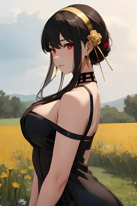 masterpiece, best quality, highres, aayorf, sidelocks, gold hairband, hair ornament, red eyes, gold earring, large breasts, choker, bare shoulders, black dress, two-sided dress, fingerless gloves, thigh boots, cowboy shot, standing, field, from side,