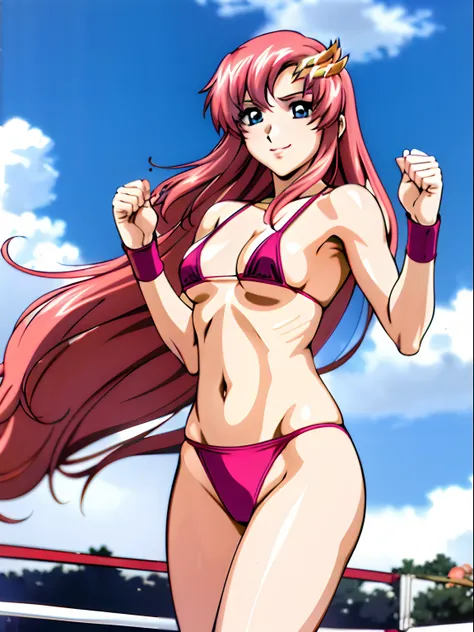 (masterpiece, far view, 4K, Best Quality, Anime style: 1.9,, Adult Woman, ultra detailed face, (cloud background, wrestling), Drawing lines, high resolution, Anime, lacus4), 1girl, Solo, curvy figure, very Long hair, 鎖骨, scapular, (Detailed wide hair bangs...