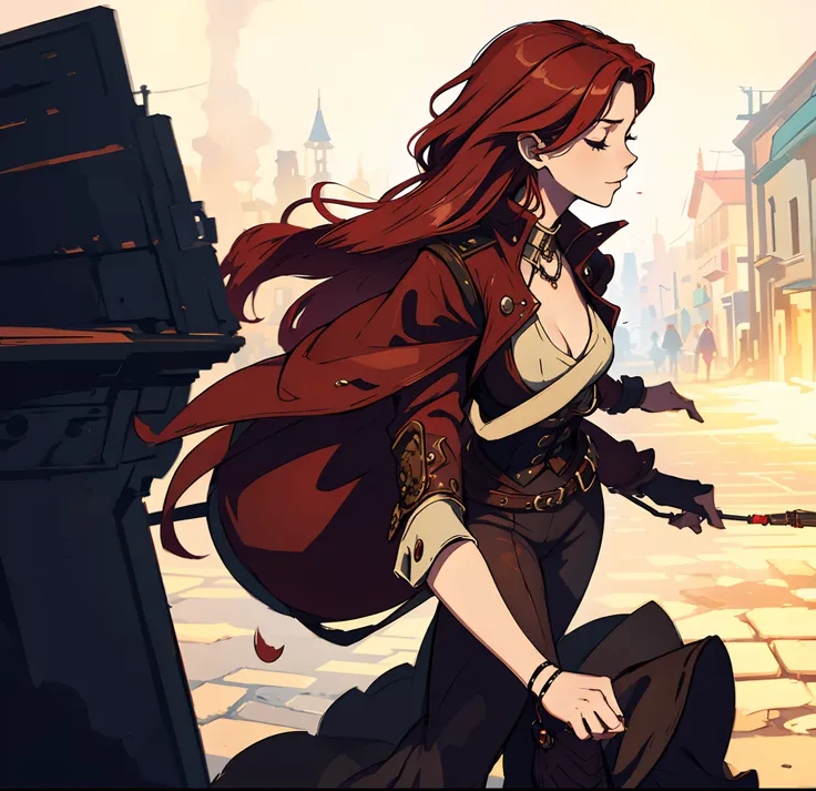 1 Sensual Red-Haired Woman Walking Down the Street Happy Expression Eyes Closed Night Background Steampunk An Art for an RPG ((Very detailed strokes))