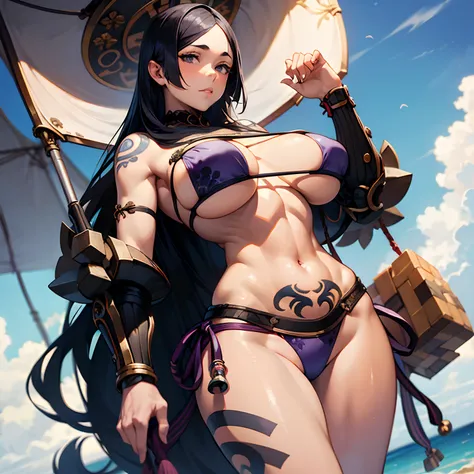 Altamente detallado, Barbarian girl with a huge body and intricate tattoos with intricate backgrounds, Pintura realista, por Charles Gregory e Antonio Jacobsen e Edward Moran, (Poco probable), cielo azul claro, Detalles intrincados, Micro Bikini, erotic po...