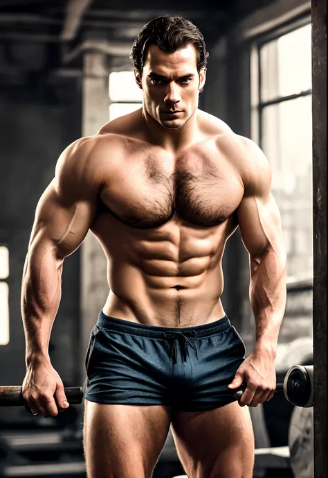 Ultra-realistic studio quality photograph of actor Henry Cavill, standing, full body, around 25 years old, super muscular and hairy, hair all over his body, hairy arms with bulging and defined muscles measuring 60 centimeters wide, almost exploding with so...