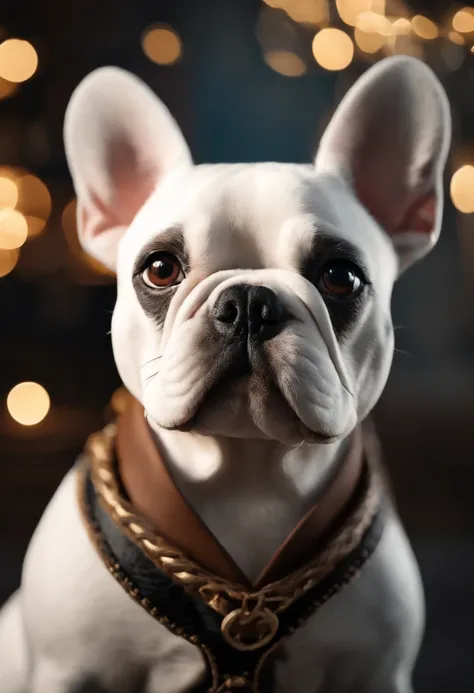 White French bulldog with half of face black (estilo pixar) (obra-prima:1.2) (bokeh) (melhor qualidade) (pele detalhada) (textura detalhada) (8k) (claymation) (cinematic lighthing) (foco nítido