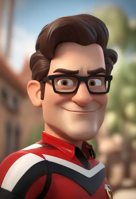 Cartoon character of a man with gray glasses and a red and black shirt with a white stripe, segurando um martelo e um alicate, animation character, Caractere estilizado, animation style rendering, 3D estilizado, Henri Cavill, 3 d render stylized, toon rend...