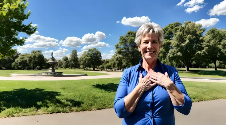 Hyperrealistic half body photograph of a happy 50-year-old Caucasian woman with hands visible. Background of a park. Sunny day and blue sky with clouds