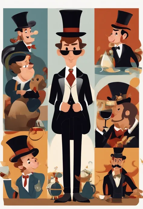 Um filme inspirado na Disney Pixar (MENINO NEGRO JOVEM COM CABELO LONGO CACHEADO PRETO E OLHOS PRETOS) dentro A cena estar na arte distinta do estilo PIXAR, HES DRESSED IN THE CLOTHES OF A WINE MAGICIAN AND TOP HAT PRESTA AND HES IN A CIRCUS