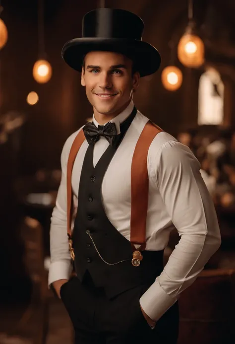 Um filme inspirado na Disney Pixar (MENINO NEGRO JOVEM COM CABELO LONGO CACHEADO PRETO E OLHOS PRETOS) dentro A cena estar na arte distinta do estilo PIXAR, HES DRESSED IN THE CLOTHES OF A WINE MAGICIAN AND TOP HAT PRESTA AND HES IN A CIRCUS