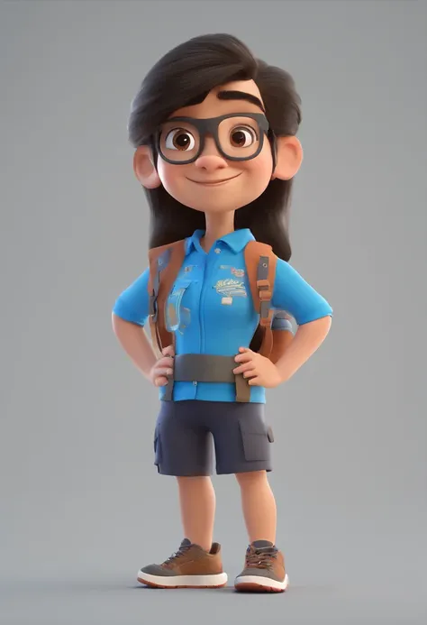 Estilo pixar, crianca de 11 anos, branca, cabelos longos e preto, olhos castanhos, camiseta e shorts