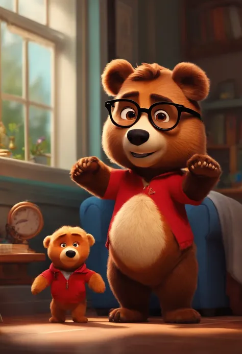 Menino estilo desenho animado, Pixar, wearing round glasses, segurando um urso de pelucia, roupa de escoteiro,