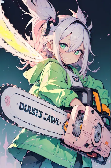 (Cute illustration:1.5),(pastel color:1.5),(Cute,kawaii,Dolce:1.2),(watercolor paiting:1.1),
1girl in,Solo,
oversized hooded jacket,
Full body,open stance,
BREAK
(A chainsaw that glows furiously:1.5)
(In his hand he holds a huge chainsaw:1.6),
(Huge and cu...