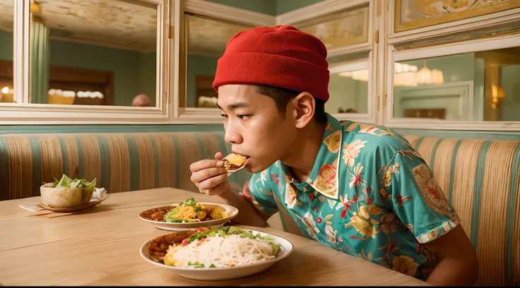 One malay boy in traditional malay attire eating nasi lemak at restaurant, realistic photography, Wes Anderson style, in the style of Grand Budapest Hotel directed by Wes Anderson , low saturation, Super 8mm lens, Low angle shot, High Contrast cinematograp...