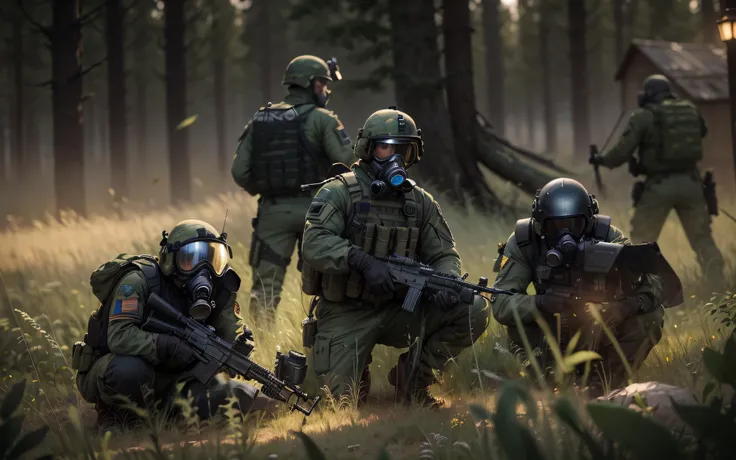 Soldiers in tactical suit, Black helmets, Blue and green camouflage uniform, Gas mask with glasses, bulletproof vest, Belt with ammunition, black, Black gloves, He carries a gun, Looks through spy gadgets, they are on a meadow, long grass , Jungle, Ultra d...