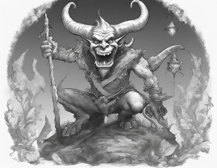 imp, horns, grinning, evil smile,bad posture, demon tail, black and white,dnd art, dungeons and dragons art , gravel road art style, high fantasy illustration, amazingly detailed d & d art, human proportions