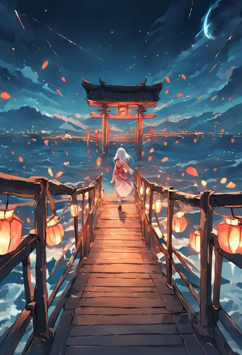 On the sea is a wooden bridge across the sea，nigh sky，themoon，Chinese lanterns