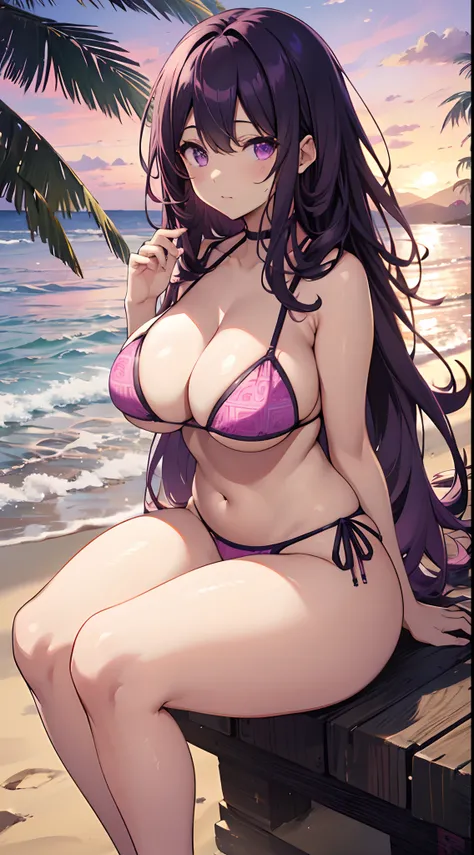 PINK Bikini, Visible crotch, Sunlight, Black Long Hair, Purple eyes, Chubby curvaceous body, Curly〜Big breasts ,wide legs, Visible crotch, Hands outside the frame ,Beach background, Pink sky, Bikini with pattern, ((Sitting))